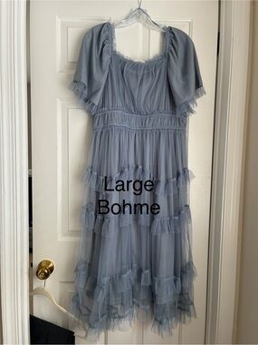 bohme Dusty Blue Ruffled Midi Dress